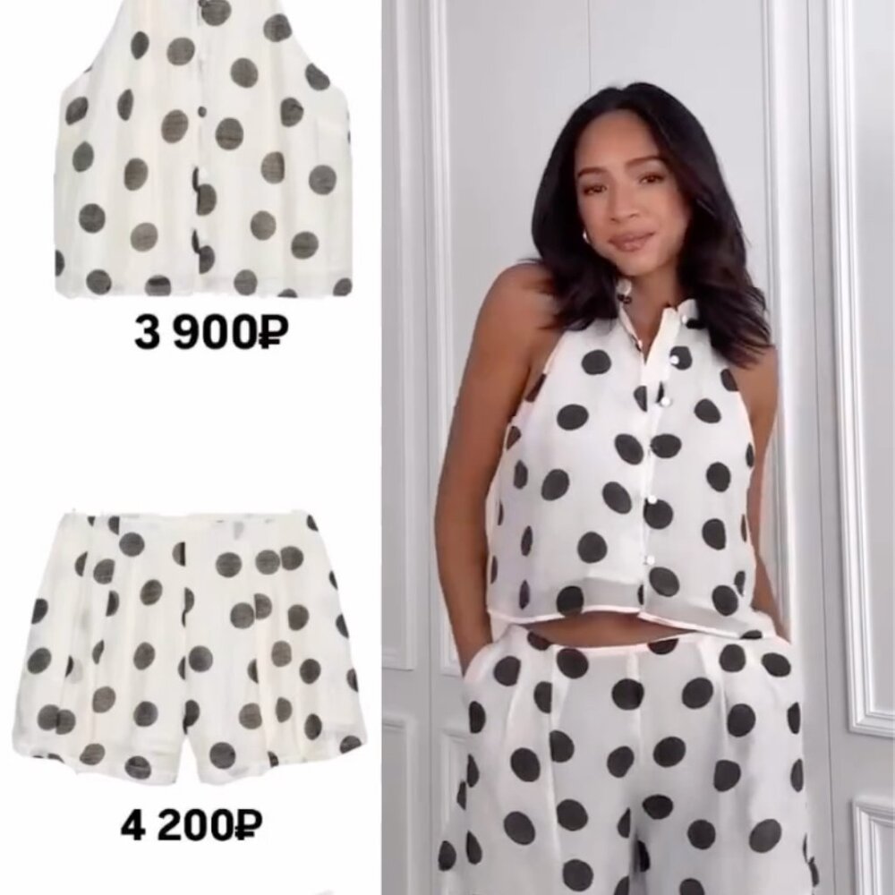ZARA ZW SS25 POLKA DOT HALTER TOP & SHORTS COORD SET ECRU BLACK SMALL S 1608/052